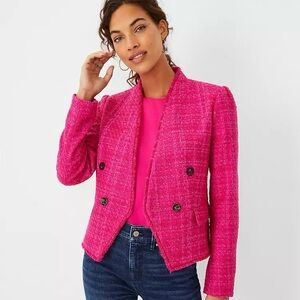 Ann Taylor Fringe Tweed Double Breasted Jacket pink